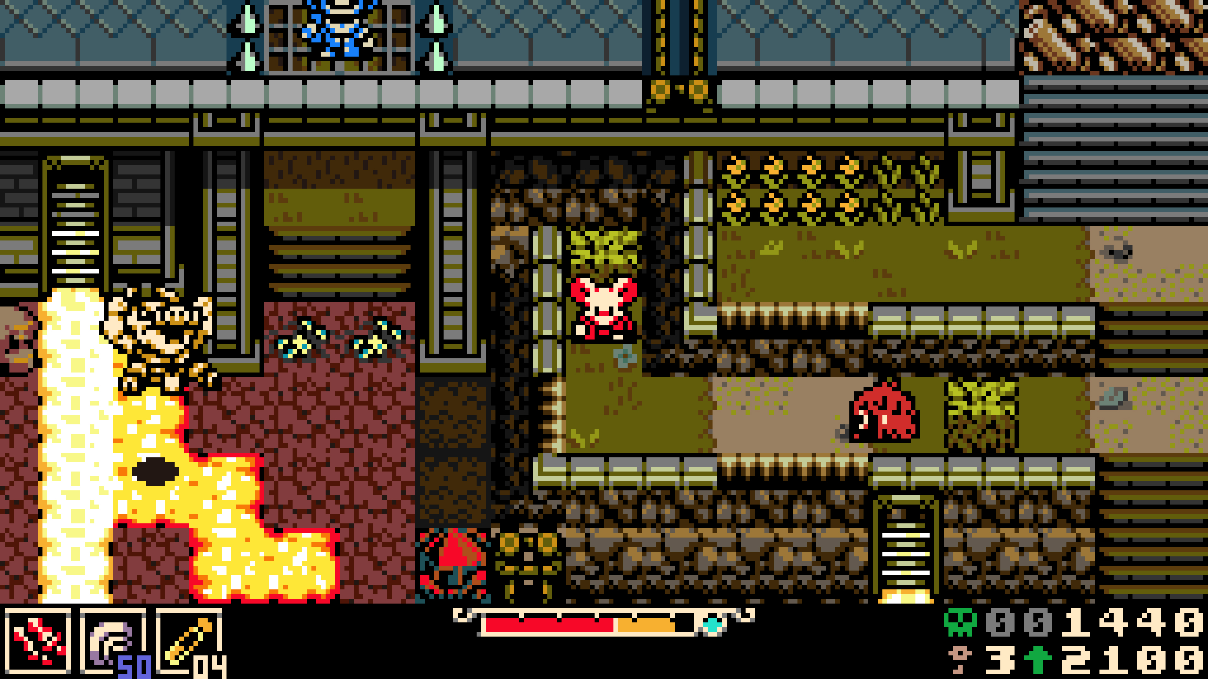 PlayStation 5 screenshot of Mina moving through a mine area with fire hazards