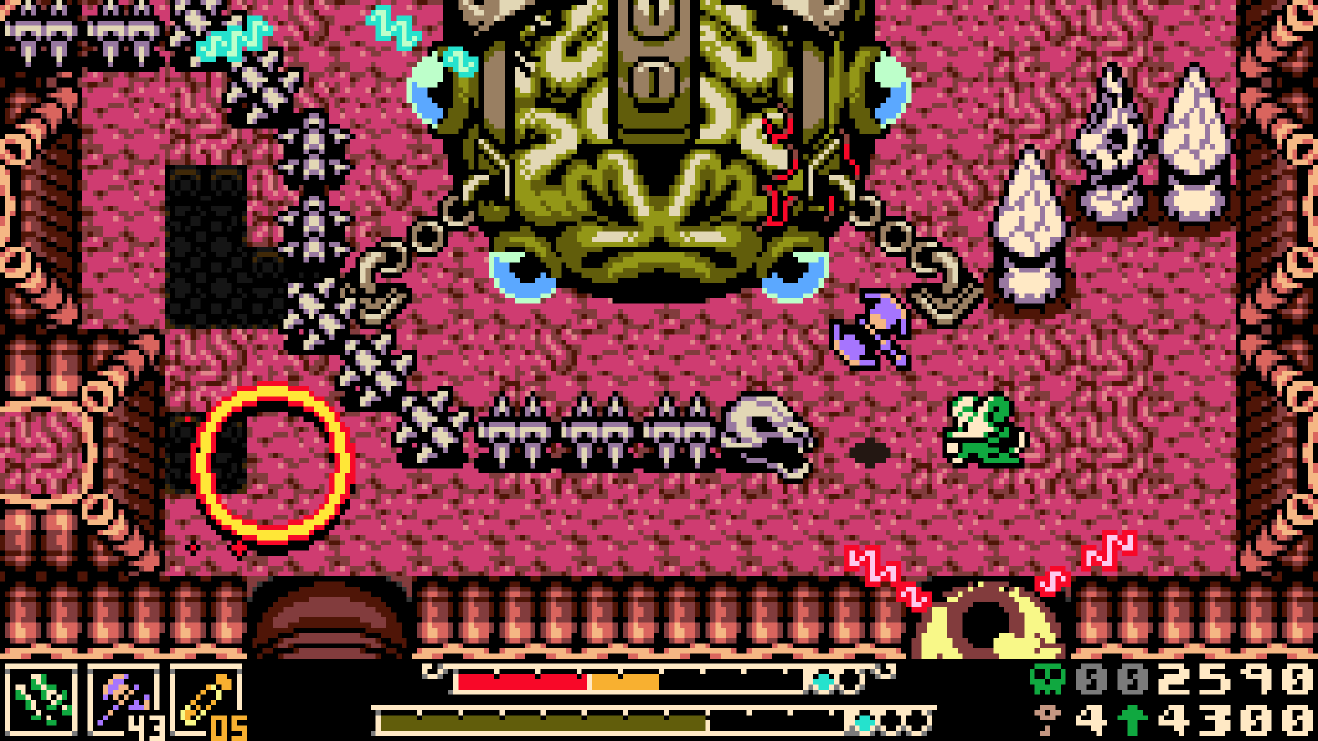 Steam screenshot of Mina facing a skull boss room with weapons and HUD visible