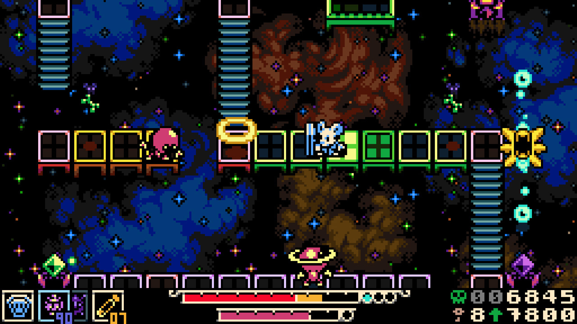 Nintendo Switch screenshot of Mina in an icy manor with enemies and health bar visible