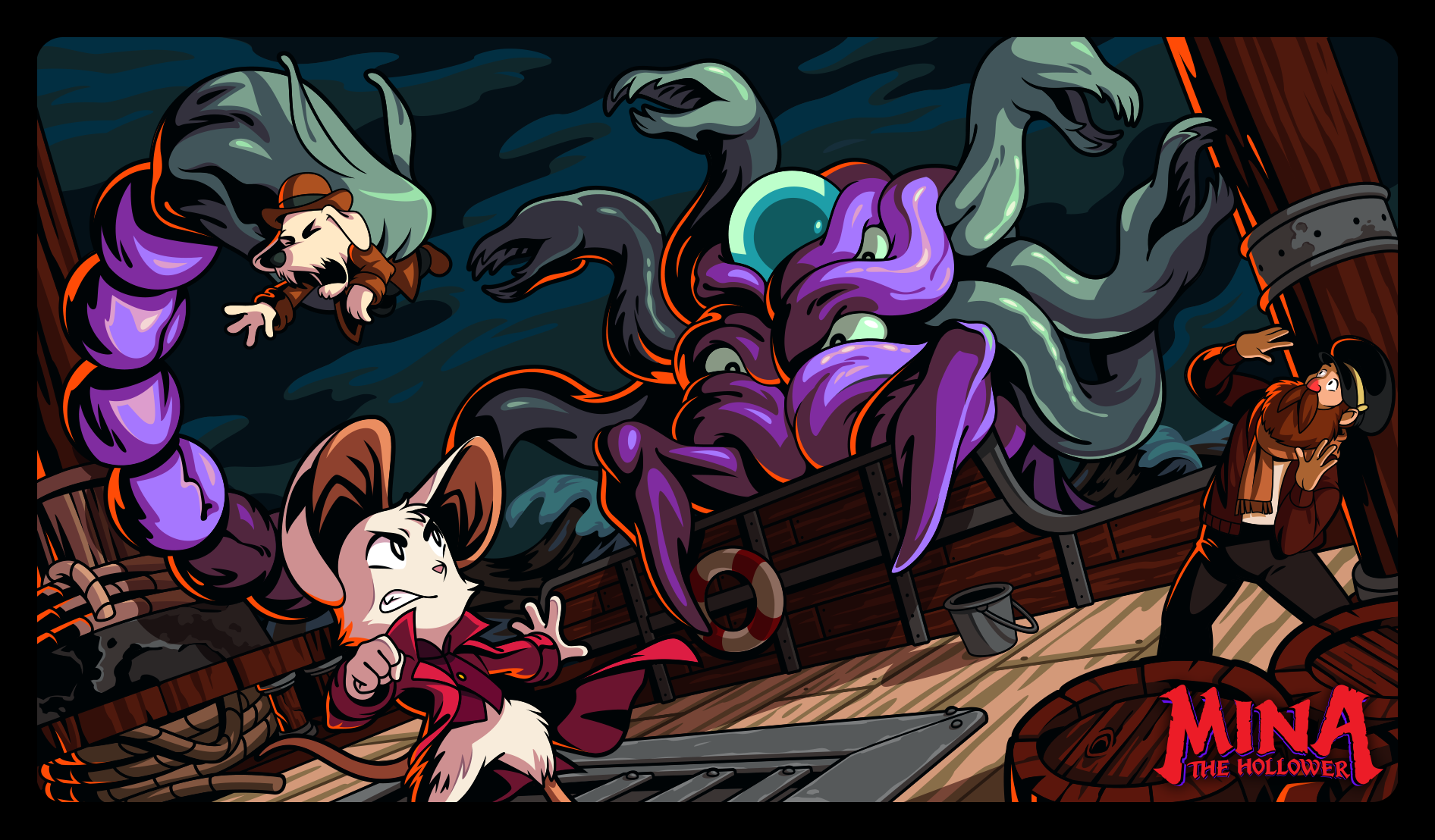 Mina facing the Nether Kraken in official key art